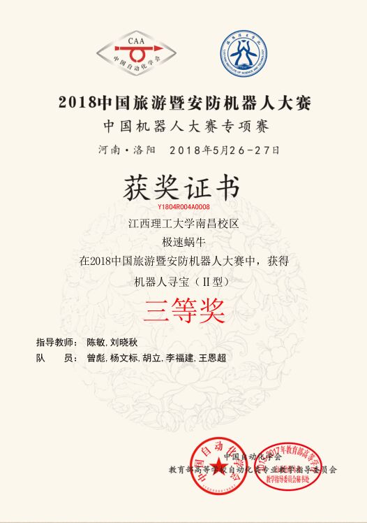 全国机器人大赛三等奖扫描证书