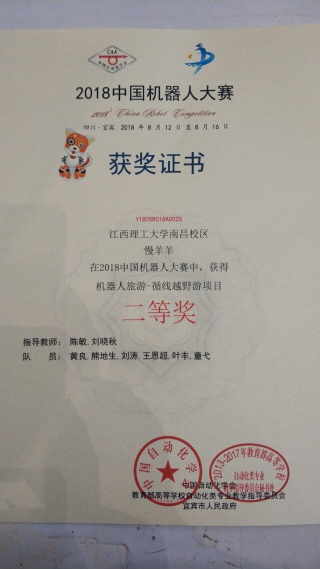 全国机器人大赛二等奖证书